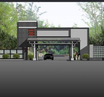 中式小区大门SU模型