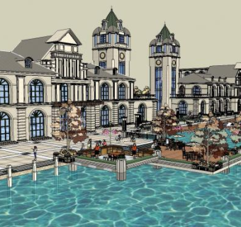 欧式商业街建筑湖景水景区SU模型