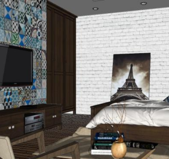 美式主卧室装修SU模型下载_sketchup草图大师SKP模型