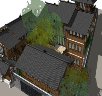 川西风格建筑仿古合院办公仿古SU模型下载_sketchup草图大师SKP模型