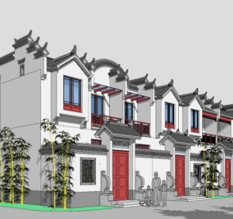 仿古四连排徽派别墅建筑SU模型