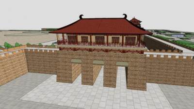 仿古城门城楼门SU模型下载_sketchup草图大师SKP模型