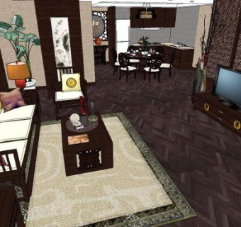 中式室内客厅家装精细SU模型下载_sketchup草图大师SKP模型