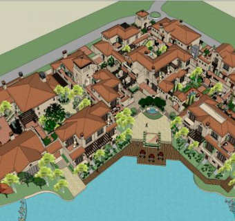 西班牙风格小区别墅景观庭院高层新入口水景SU模型