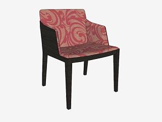红色花纹扶手椅单人沙发SU模型下载_sketchup草图大师SKP模型