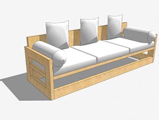 实木沙发白色坐垫三人沙发SU模型下载_sketchup草图...