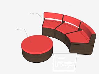 创意圆弧红色三人沙发卡座SU模型下载_sketchup草图大师SKP模型