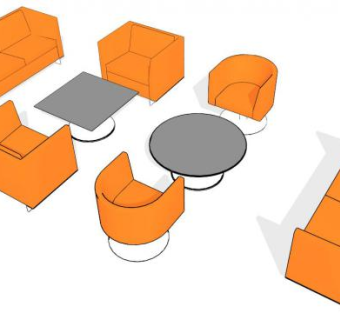 维奈特橘色组合沙发座位和桌子SU模型下载_sketchup草图大师SKP模型