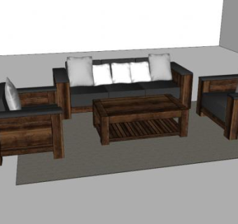 胡桃木组合沙发SU模型下载_sketchup草图大师SKP模型