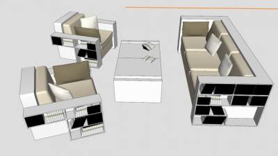 真皮米白色沙发书柜阅读沙发SU模型下载_sketchup草图大师SKP模型