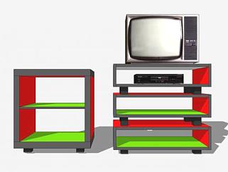 绿色和橙色的电视柜SU模型下载_sketchup草图大师SKP模型