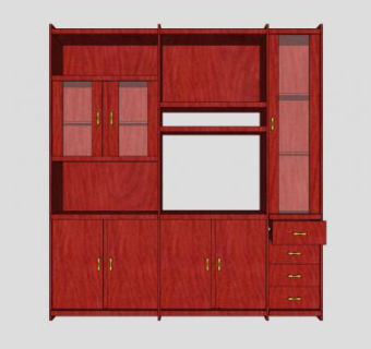 红色实木电视柜SU模型下载_sketchup草图大师SKP模型
