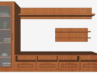 棕色实木电视柜带橱窗SU模型下载_sketchup草图大师SKP模型
