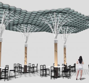 六角形餐厅树冠桌椅SU模型下载_sketchup草图大师SKP模型