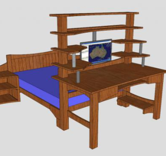 卧室双人床书桌床SU模型下载_sketchup草图大师SKP模型