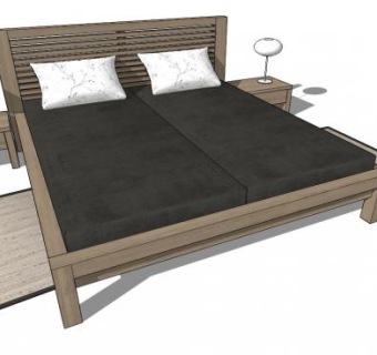 现代实木双人床板条床SU模型下载_sketchup草图大师SKP模型