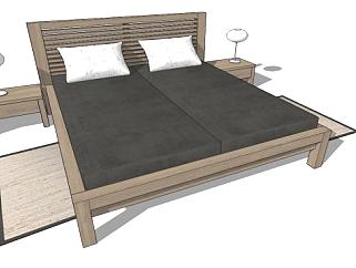 现代实木双人床板条床SU模型下载_sketchup草图大师SKP模型