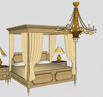 欧式四柱架子双人床SU模型下载_sketchup草图大师SKP模型