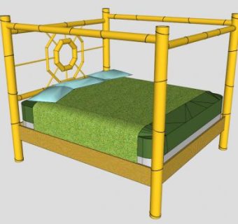 四柱双人床架子竹床SU模型下载_sketchup草图大师SKP模型
