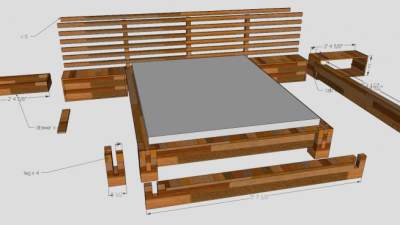 板条板式双人床SU模型下载_sketchup草图大师SKP模型