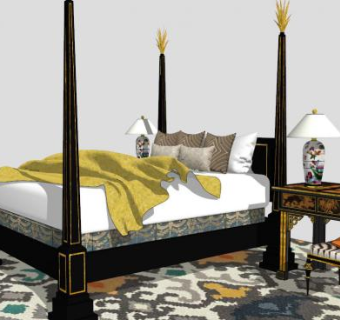 四柱复古双人床SU模型下载_sketchup草图大师SKP模型