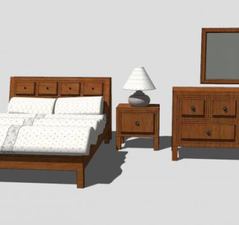 卧室套房家具实木双人床SU模型下载_sketchup草图大师SKP模型