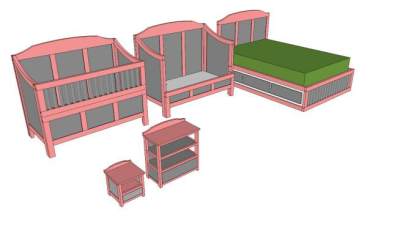 三合一儿童卧室床SU模型下载_sketchup草图大师SKP模型