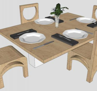 实木长方形餐桌SU模型下载_sketchup草图大师SKP模型