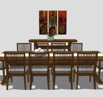 橡木方形餐桌SU模型下载_sketchup草图大师SKP模型