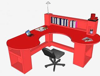 现代红色板式办公桌椅SU模型下载_sketchup草图大师SKP模型