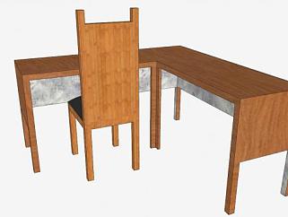 实木L型桌椅组合SU模型下载_sketchup草图大师SKP模型
