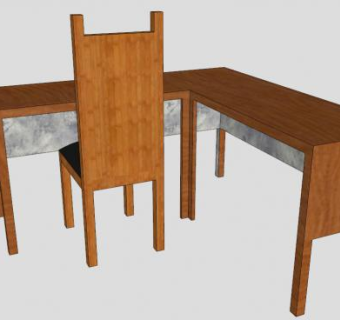 实木L型桌椅组合SU模型下载_sketchup草图大师SKP模型