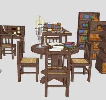 实木家具桌椅组合SU模型下载_sketchup草图大师SKP模型