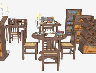 实木家具桌椅组合SU模型下载_sketchup草图大师SKP模型