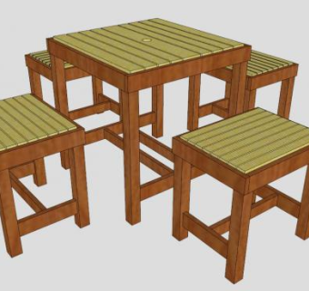 实木方形桌椅SU模型下载_sketchup草图大师SKP模型