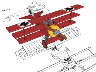 福克博士红色玩具飞机SU模型下载_sketchup草图大师SKP模型