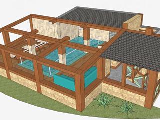 花园角落室内游泳池SU模型下载_sketchup草图大师SKP模型
