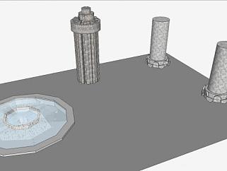 希腊石柱与喷泉水池SU模型下载_sketchup草图大师SKP模型