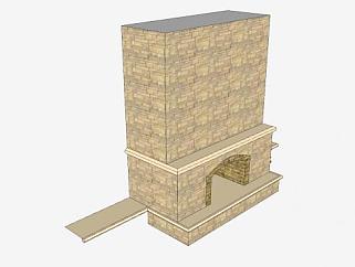 大型石砖壁炉SU模型下载_sketchup草图大师SKP模型