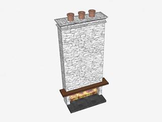 石砖壁炉三烟孔排气管SU模型下载_sketchup草图大师SKP模型