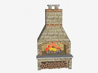 复式砖石烟囱壁炉SU模型下载_sketchup草图大师SKP模型
