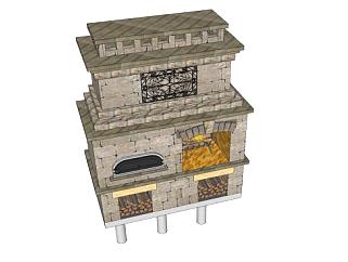 披萨烤箱与壁炉组合SU模型下载_sketchup草图大师SKP模型