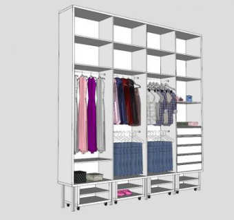 白色开放式衣柜SU模型下载_sketchup草图大师SKP模型
