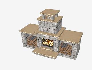 带木盒的紧凑型壁炉SU模型下载_sketchup草图大师SKP模型