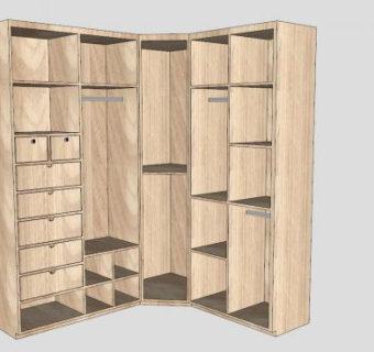 现代L型杉木板衣柜SU模型下载_sketchup草图大师SKP模型