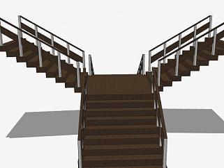双分平行木制楼梯SU模型下载_sketchup草图大师SKP模型