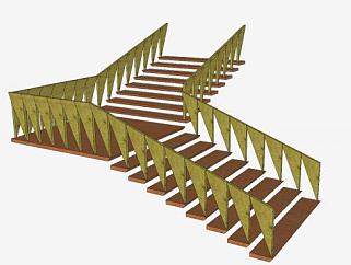 现代木板双跑楼梯SU模型下载_sketchup草图大师SKP模型