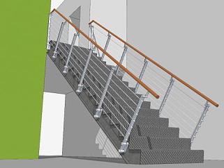 钢制护栏楼梯和木扶手SU模型下载_sketchup草图大师SKP模型