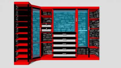 转角开放式红板衣柜SU模型下载_sketchup草图大师SKP模型