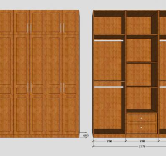一字敞开实木衣柜SU模型下载_sketchup草图大师SKP模型